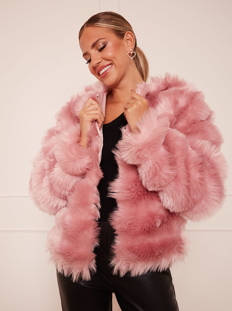Textured Faux Fur Coat in Pink