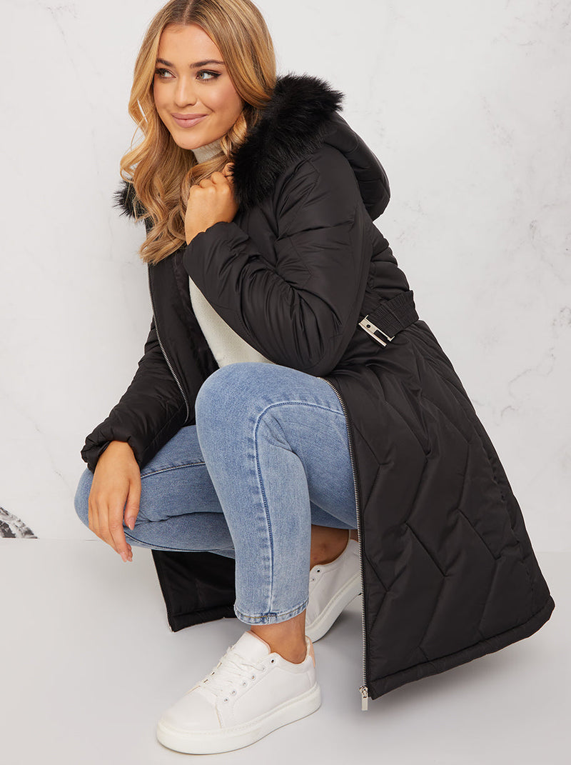 Quilted Puffer Coat with Faux Fur Hood in Black