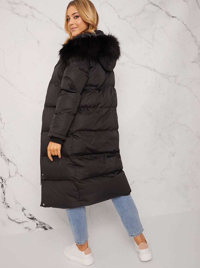 Longline Puffer Coat with Black Fur Hood