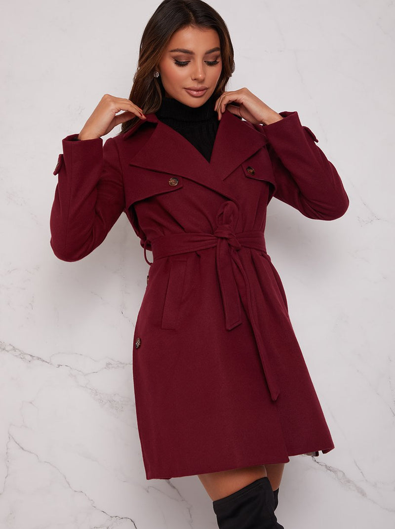 Double Breasted Coat with Waist Tie in Burgundy