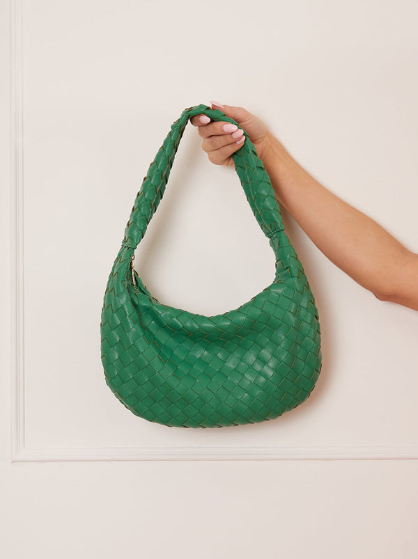 Woven Faux Leather Shoulder Bag in Green