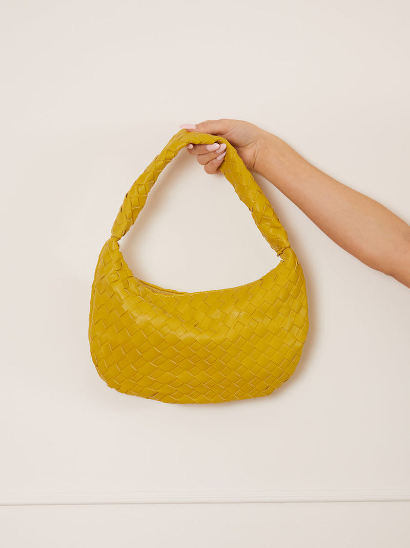 Woven Faux Leather Shoulder Bag in Yellow