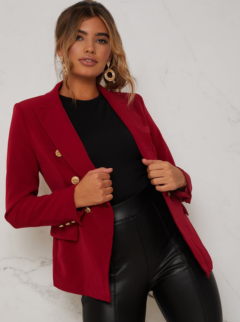 Double Breasted Blazer with Gold Buttons in Burgundy