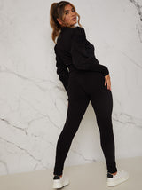 Ruched Puff Sleeve Loungewear Set in Black