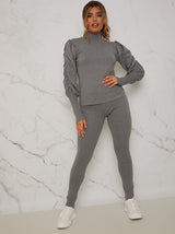 Ruched Puff Sleeve Loungewear Set in Grey