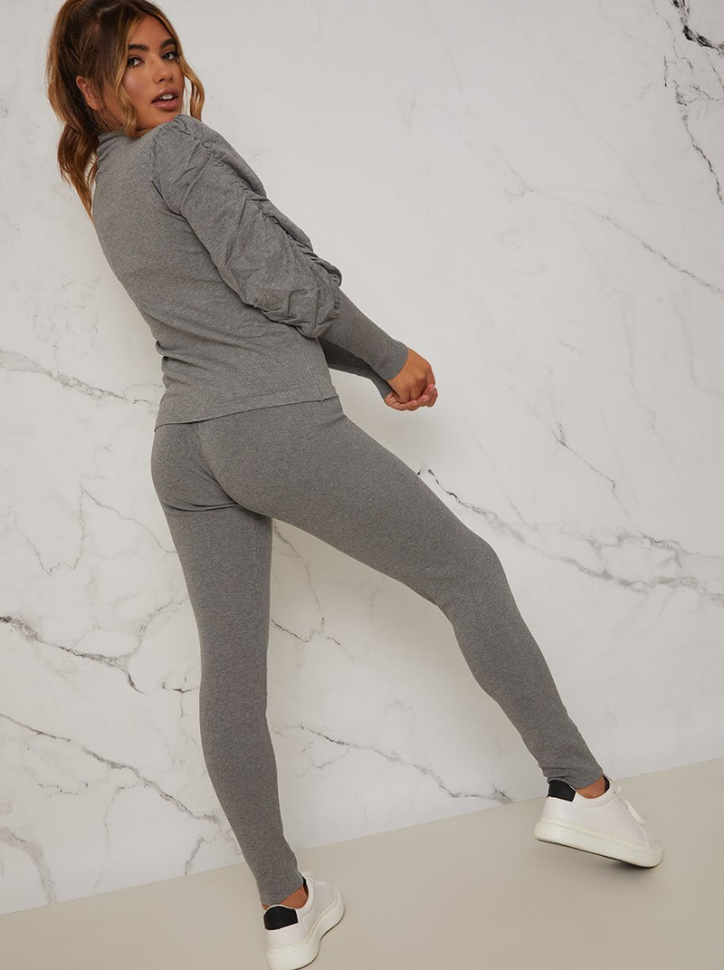 Ruched Puff Sleeve Loungewear Set in Grey