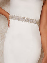 Bridal Embellished Belt with Ribbon Fastening in White
