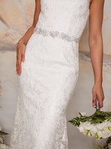 Diamante & Pearl Embellished Satin Ribbon Bridal Belt in White