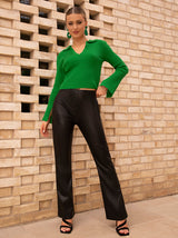 Flute Sleeve Knitted Rib Top in Green