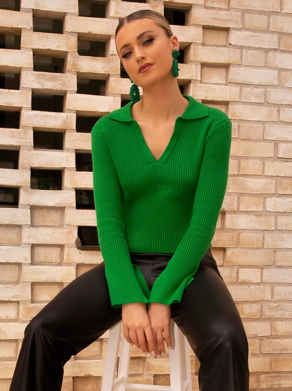 Flute Sleeve Knitted Rib Top in Green