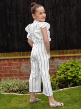 Girls Stripe Belted Ruffle Jumpsuit in White