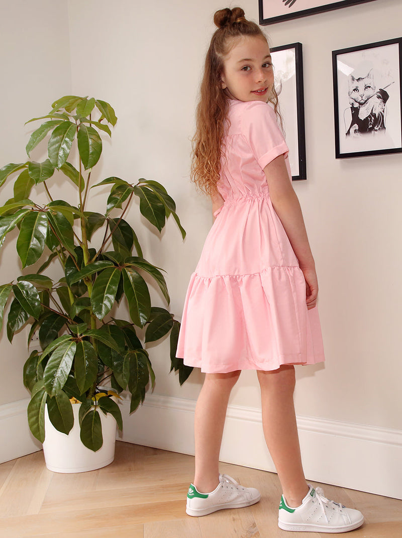 Girls Cap Sleeved Tiered Dress in Pink