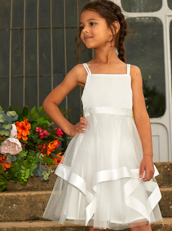 Younger Girls Tulle Layered Midi Dress in White