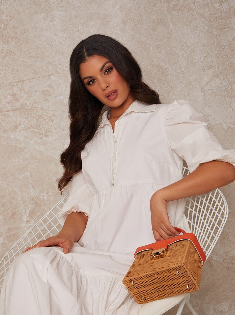 Tiered Maxi Shirt Dress in White