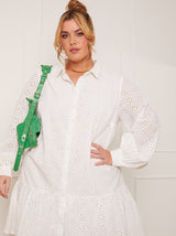 Plus Size Broderie Anglaise Puff Sleeve Shirt Dress in White
