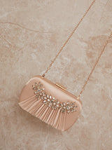 Embellished Pleated Satin Clutch Bag in Champagne
