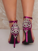 High Heel Diamante Strappy Sandal in Berry