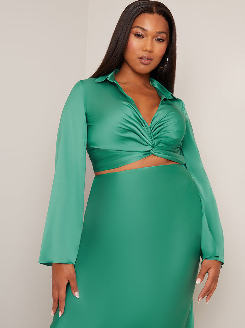 Long Sleeve V Neck Satin Twist Detail Top in Green