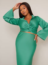 Long Sleeve V Neck Satin Twist Detail Top in Green