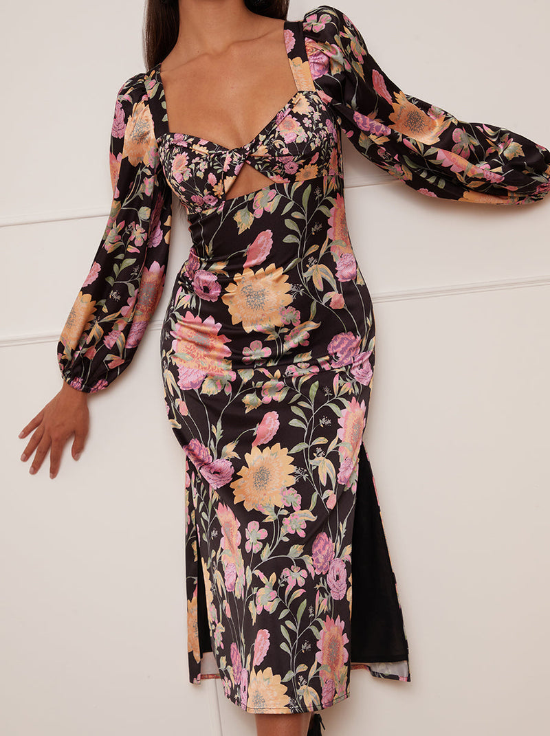 Petite Long Sleeve Cut-Out Detail Floral Midi Dress in Black
