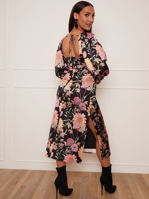 Petite Long Sleeve Cut-Out Detail Floral Midi Dress in Black