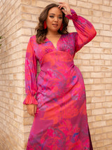 Plus Size Long Sleeve V Neck Floral Print Dress in Pink