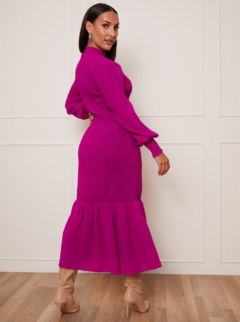 Petite Long Sleeve Shirred Maxi Dress in Pink