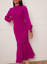 Petite Long Sleeve Shirred Maxi Dress in Pink