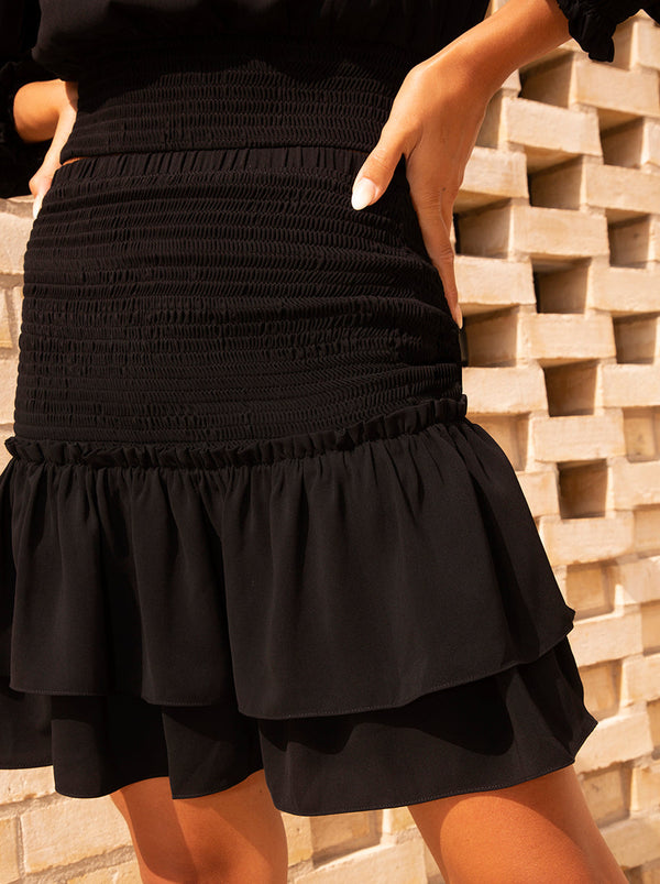 Shirred Ruffle Mini Skirt in Black
