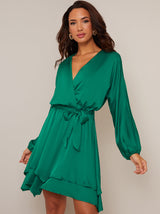 Long Sleeve Satin Wrap Dress in Green