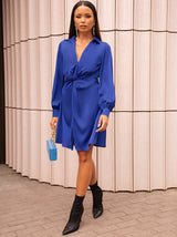 Long Sleeve Plunge Twist Detail Midi Dress in Blue
