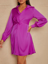 Long Sleeve Plunge Twist Detail Midi Dress in Purple