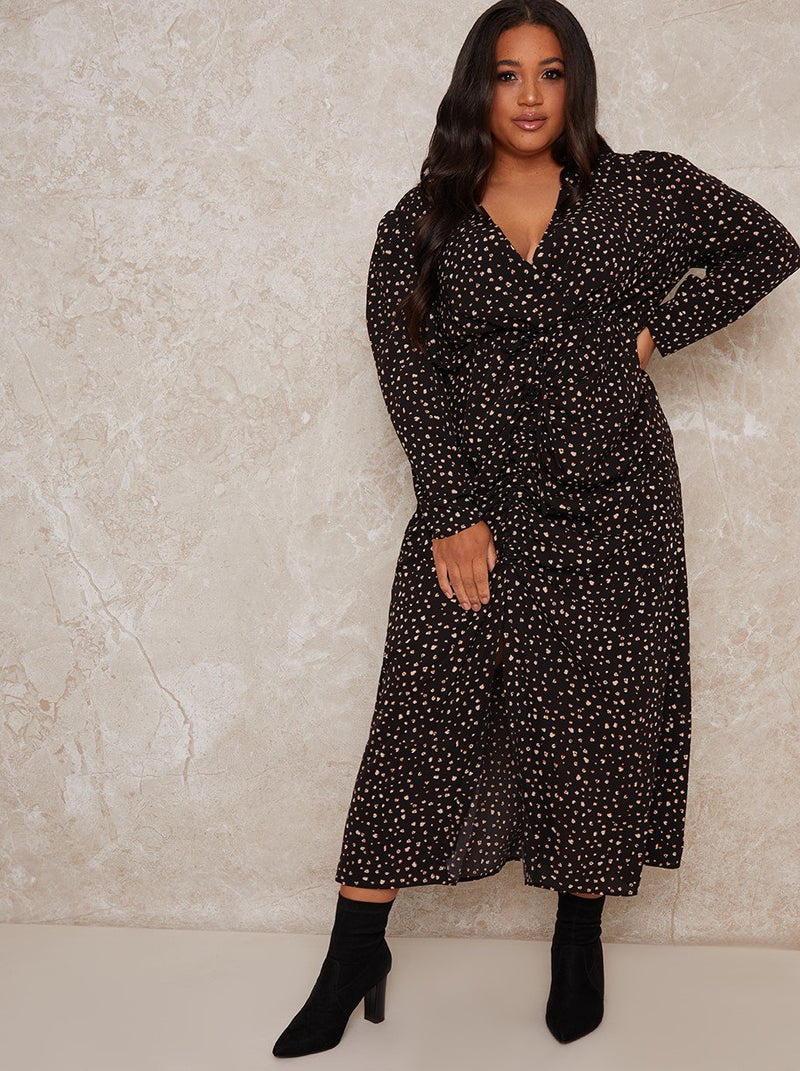 Curve Day Dress with Spot Printed Design in Black