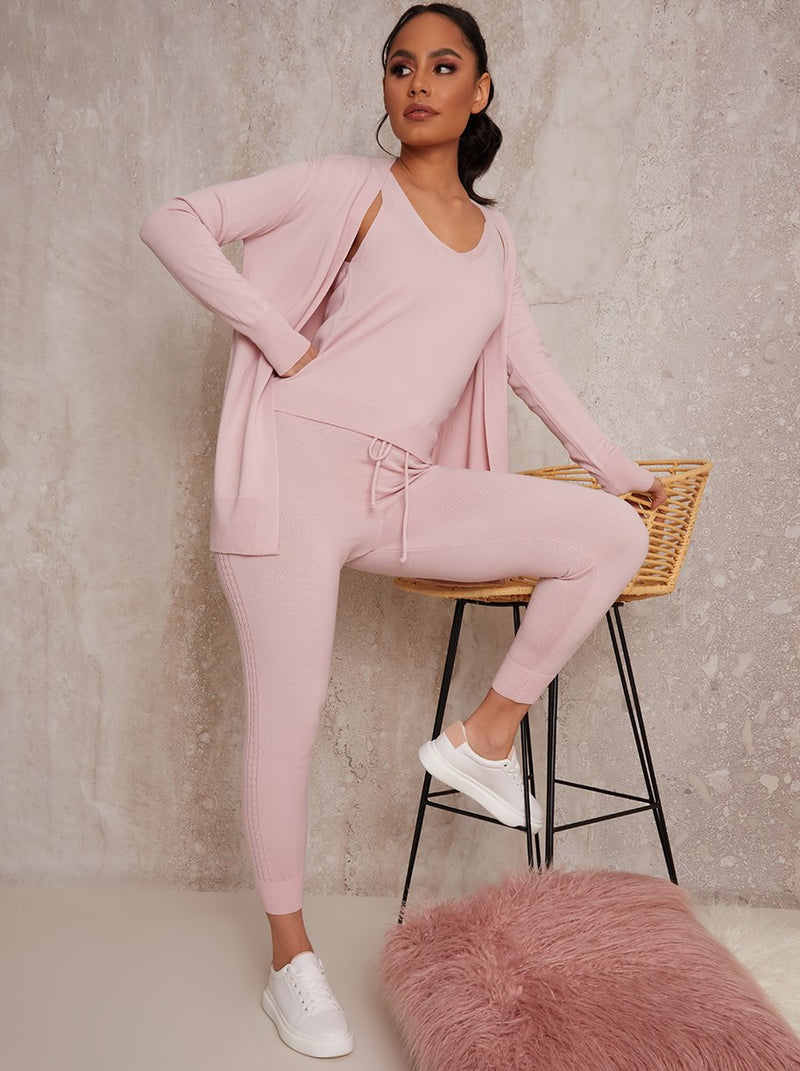 3 Piece Cardigan Loungewear Set in Pink