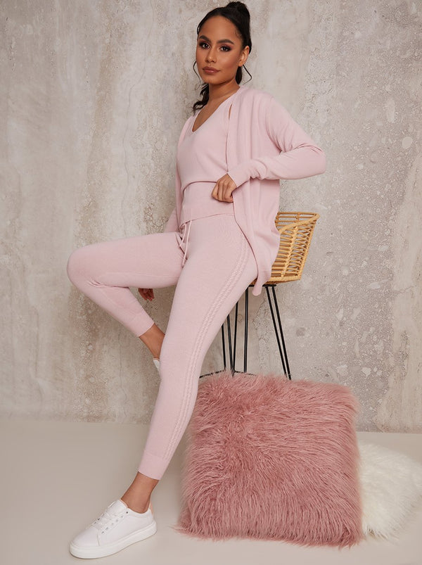 3 Piece Cardigan Loungewear Set in Pink
