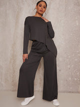 Asymmetric Long Sleeved Loungewear Set in Black
