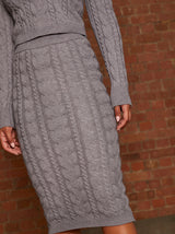 All-Over Cable Knit Midi Skirt in Grey