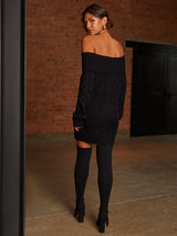 Off-Shoulder Cable Knit Jumper Dress in Black