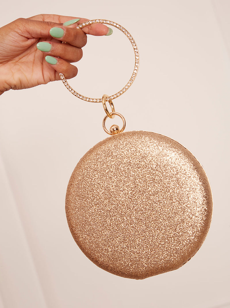 Diamante Ring Handle Glitter Bag in Gold