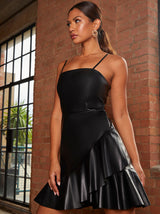 Cami Strap Asymmetric Ruffle PU Mini Dress in Black