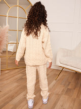 Girls Roll Neck Zip Up Cable Knit Loungewear Set in Cream