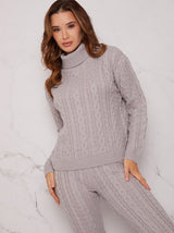 Roll Neck Cable Knit Loungewear Set in Grey