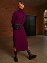 Oversized Roll Neck Knitted Dress in Berry