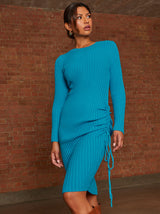 Ruched Side Detail Knitted Midi Dress in Blue