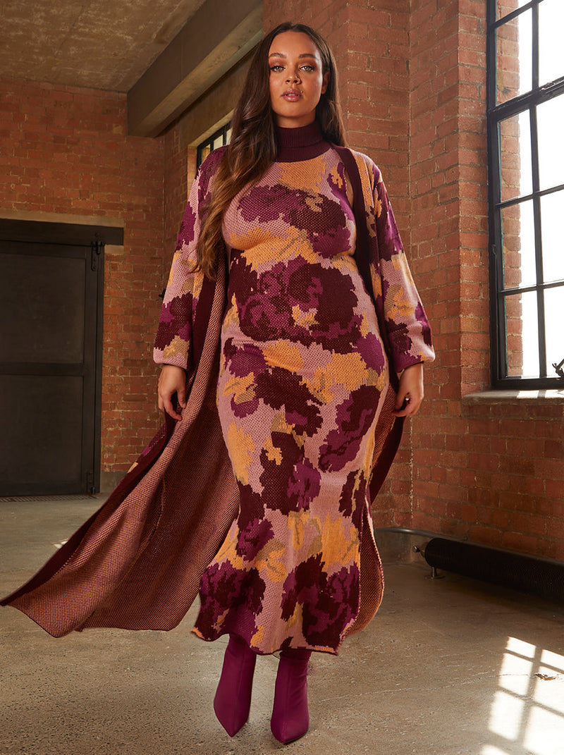 Dark Floral Print High Neck Knitted Midi Dress in Multi