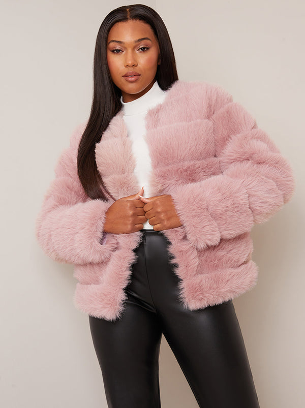 Faux Fur Stripe Jacket in Pink