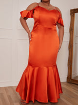 Plus Size Satin Cami Strap Ruffle Detail Bodycon Dress in Rust
