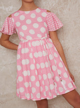 Girls Angel Sleeve Spot Print Dress in Pink