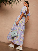 Floral Printed Tie Back Maxi Dress in Blue
