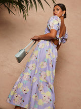 Floral Printed Tie Back Maxi Dress in Blue